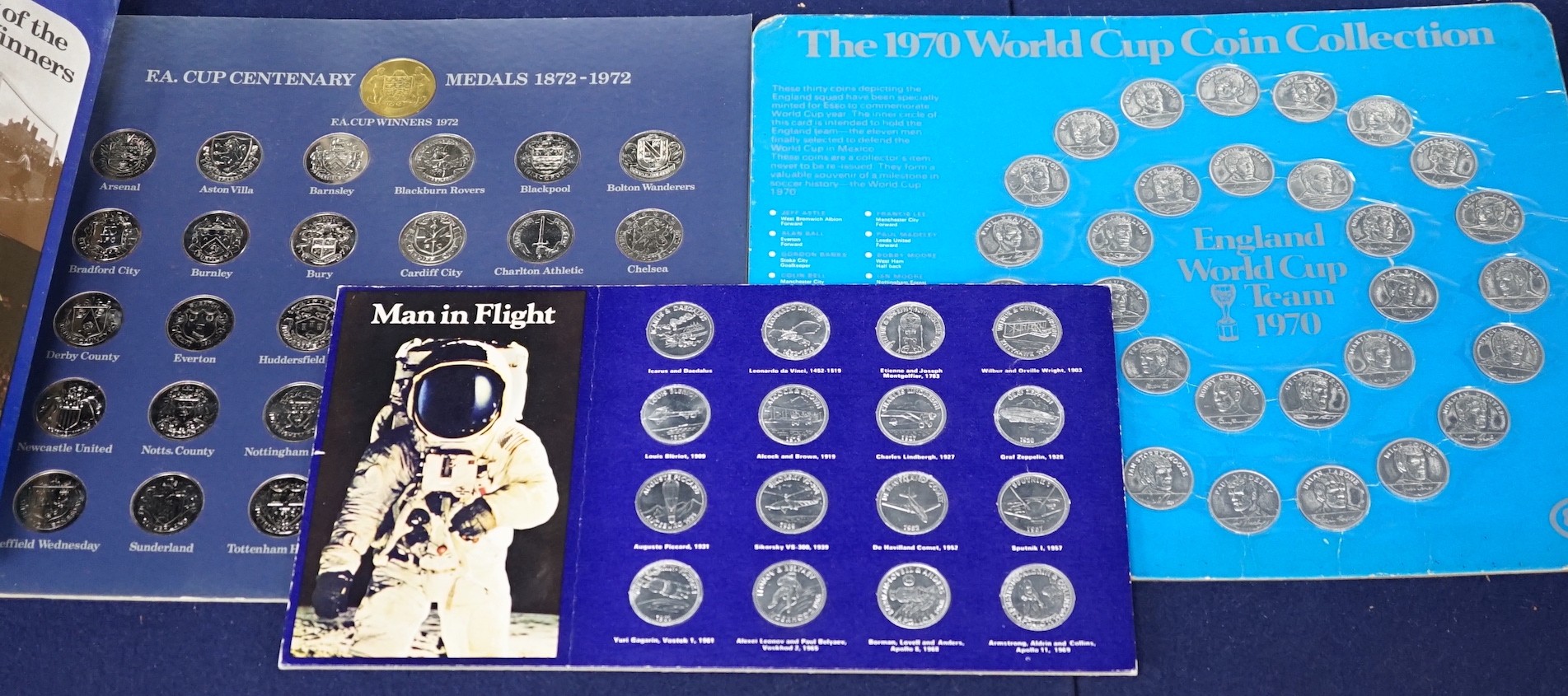 Shell and Esso collector's medals and coins for 1970 World cup, man in flight and FA cup centenary 1872-1972